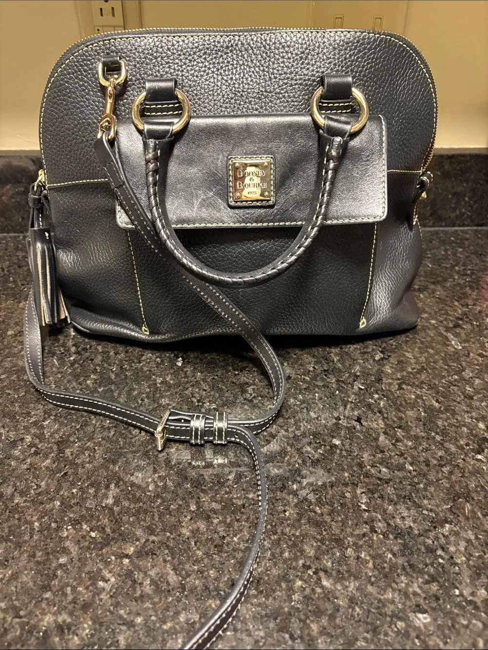 Dooney & Bourke Black Pebble Leather Satchel with Gold Hardware